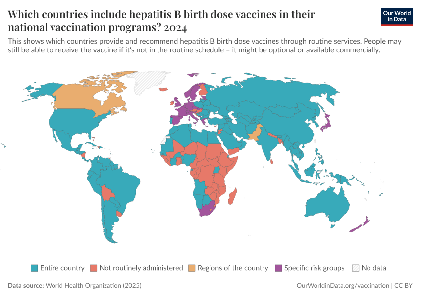 A thumbnail of the "Which countries include hepatitis B birth dose vaccines in their national vaccination programs?" chart