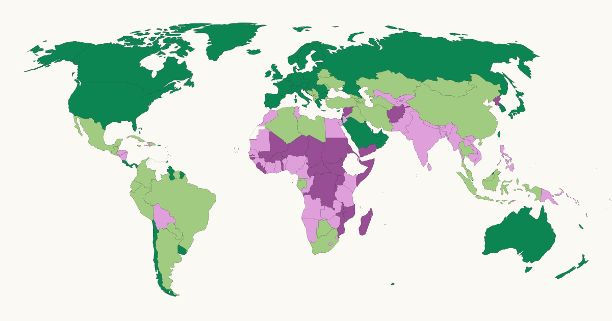 The image shows a map of the world, with each country colored depending of their World Bank income group classification in 2025/26