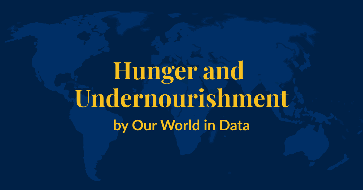 A dark blue background with a lighter blue world map superimposed over it. Yellow text that says Hunger and Undernourishment by Our World in Data
