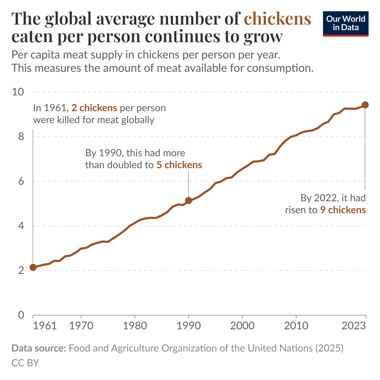 The global average number of chickens eaten per person continues to grow.
Line chart of per capita chicken meat supply per person per year from 1961 to 2023, showing a steady upward trend. The subtitle explains this measures the amount of meat available for consumption per person per year. The line starts at about 2 chickens per person in 1961, passes about 5 chickens by 1990, and reaches about 9 chickens by 2022 to 2023. X axis labeled with years from 1961 to 2023; y axis from 0 to 10 chickens. Annotated callouts note: "In 1961, 2 chickens per person were killed for meat globally," "By 1990, this had more than doubled to 5 chickens," and "By 2022, it had risen to 9 chickens." Data source: Food and Agriculture Organization of the United Nations (2025) CC BY.